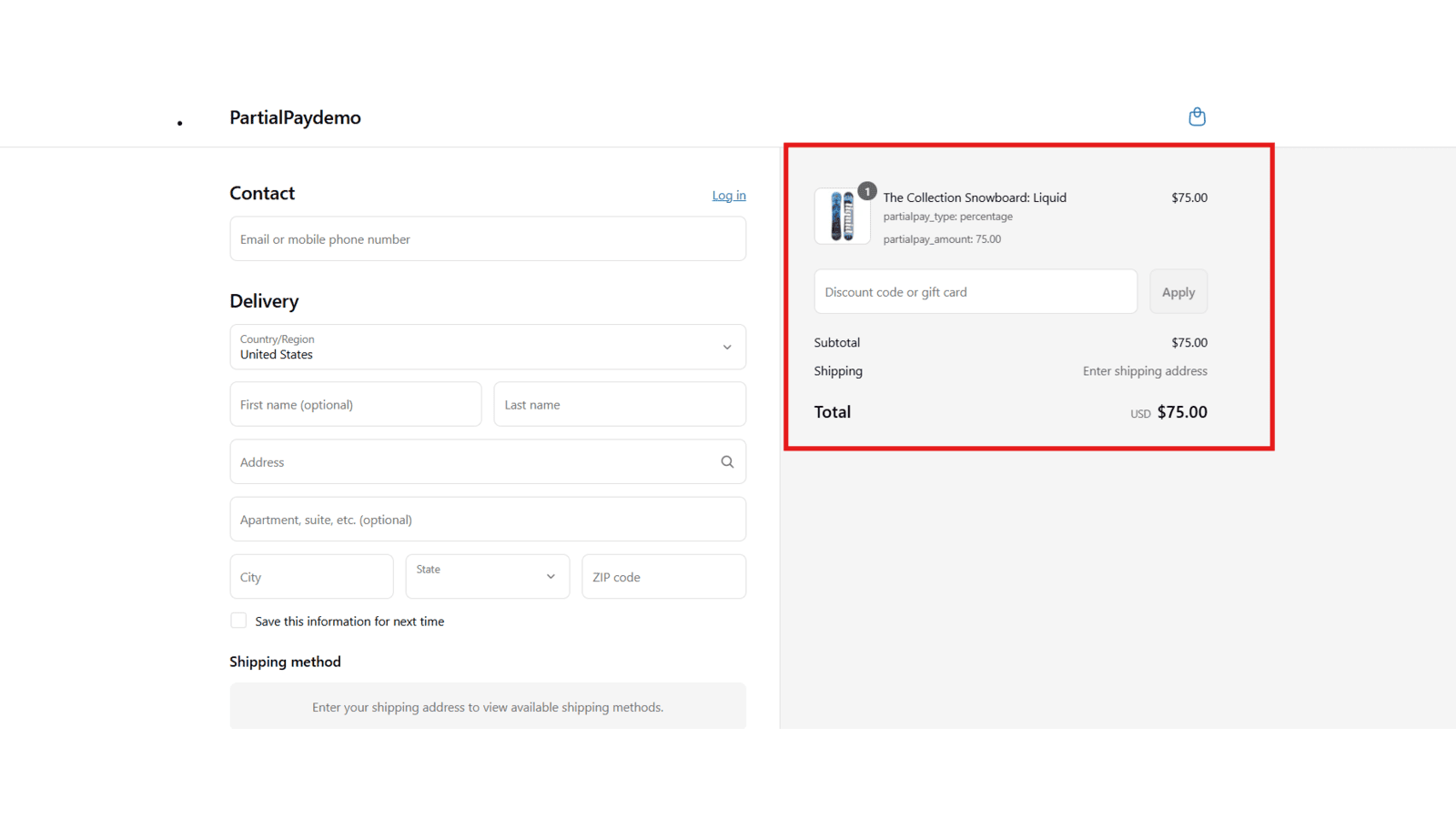 Checkout page showing selected partial payment option details.