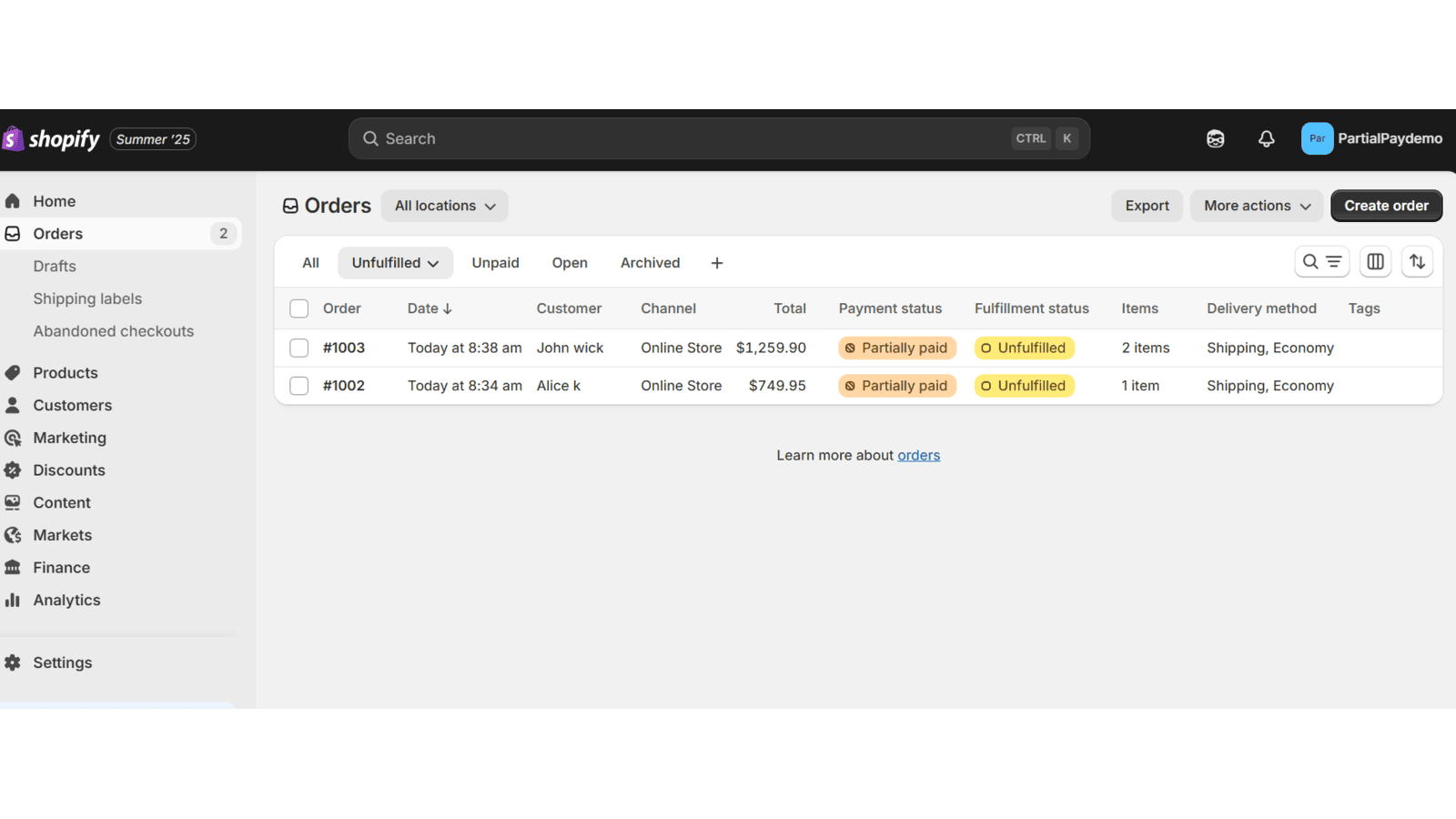 Dashboard view showing backend of partial payment orders list.