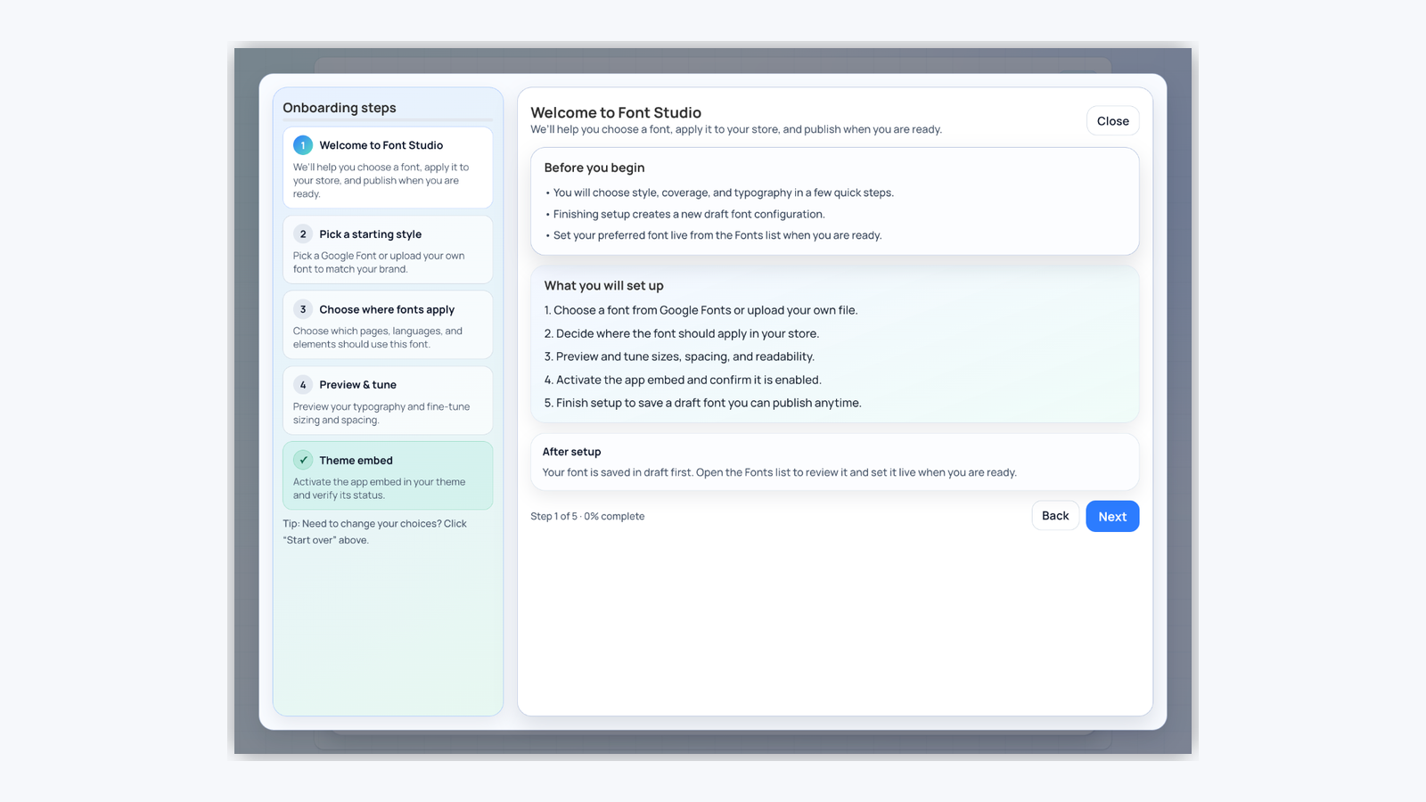 Onboarding popup for FourCore Font Studio