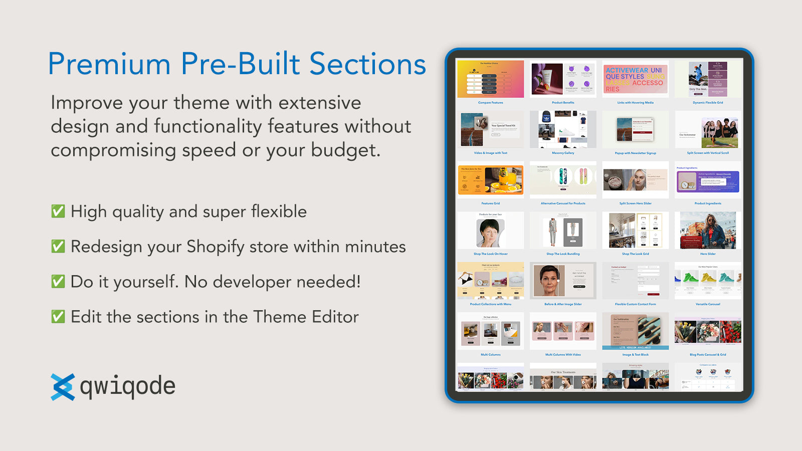 Premium Pre-Built Theme Sections by qwiqode