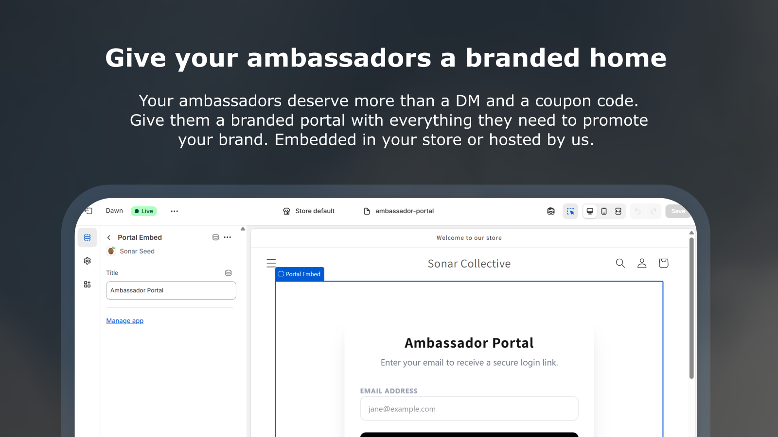 Ambassador portal embedded in a store page, showing sign in