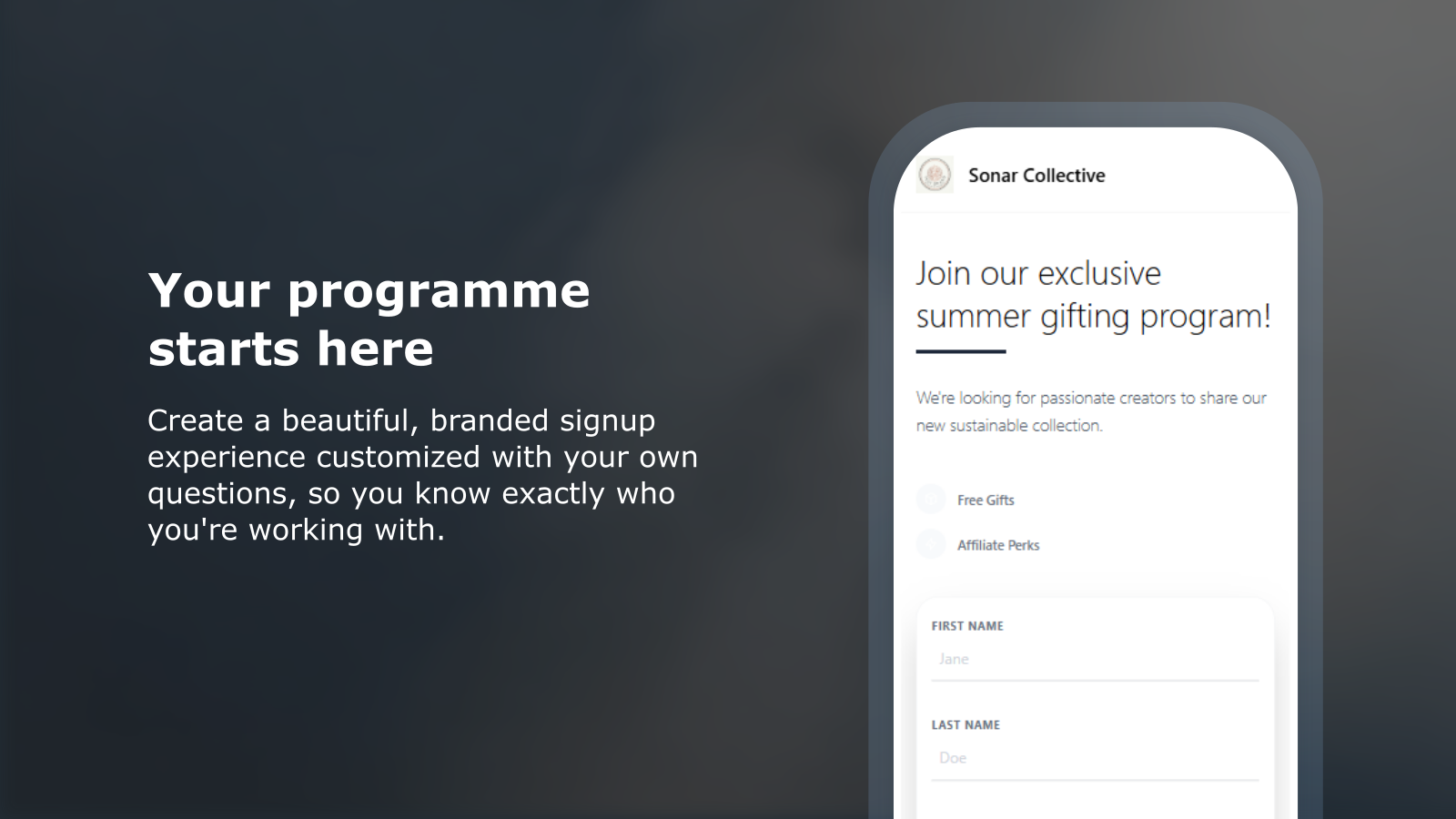 Branded ambassador application form with questions and logo
