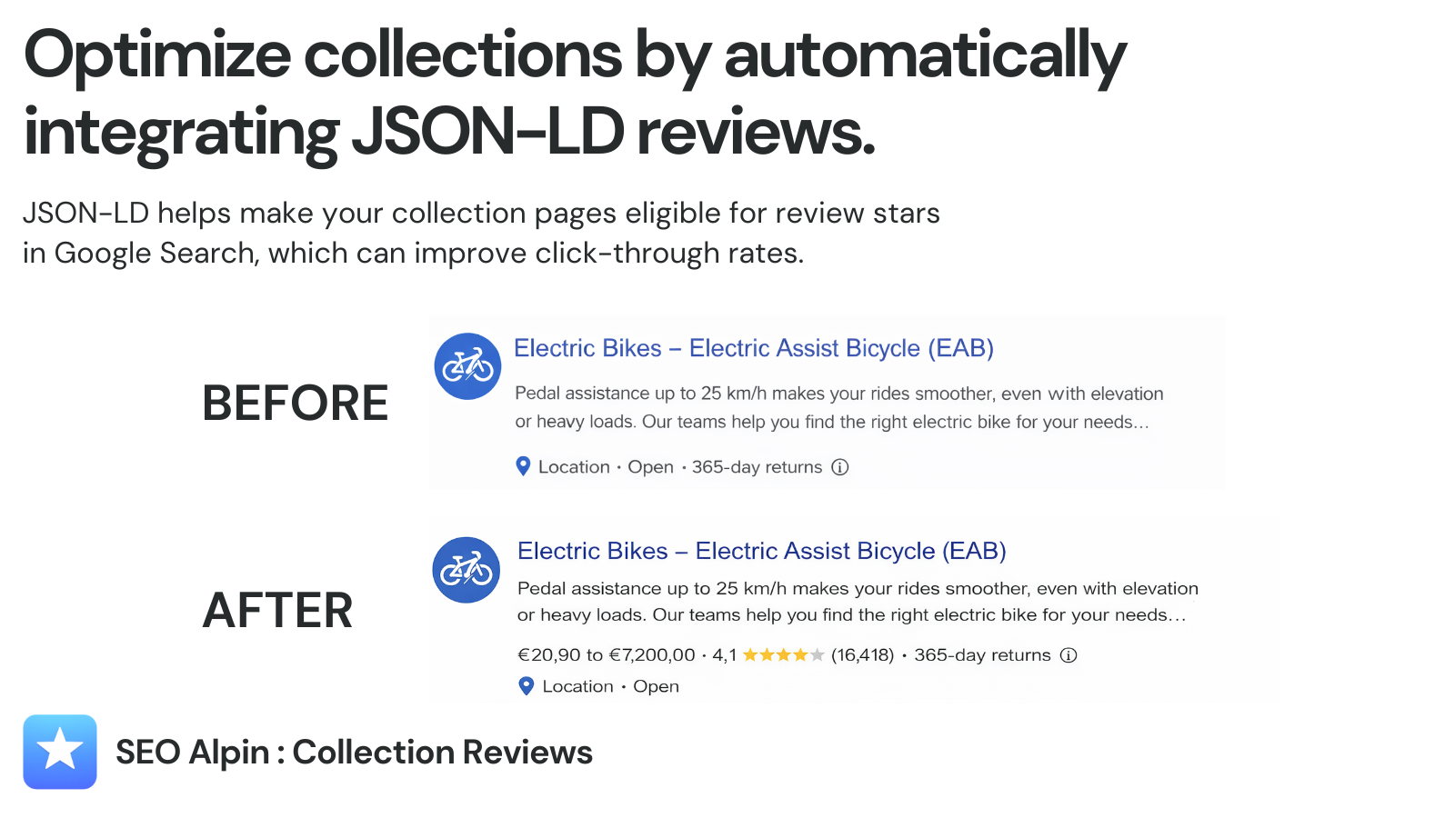 Shopify collection JSON-LD review stars (before/after)