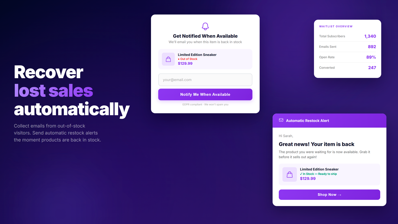Back in stock notify me popup with automatic restock email alert