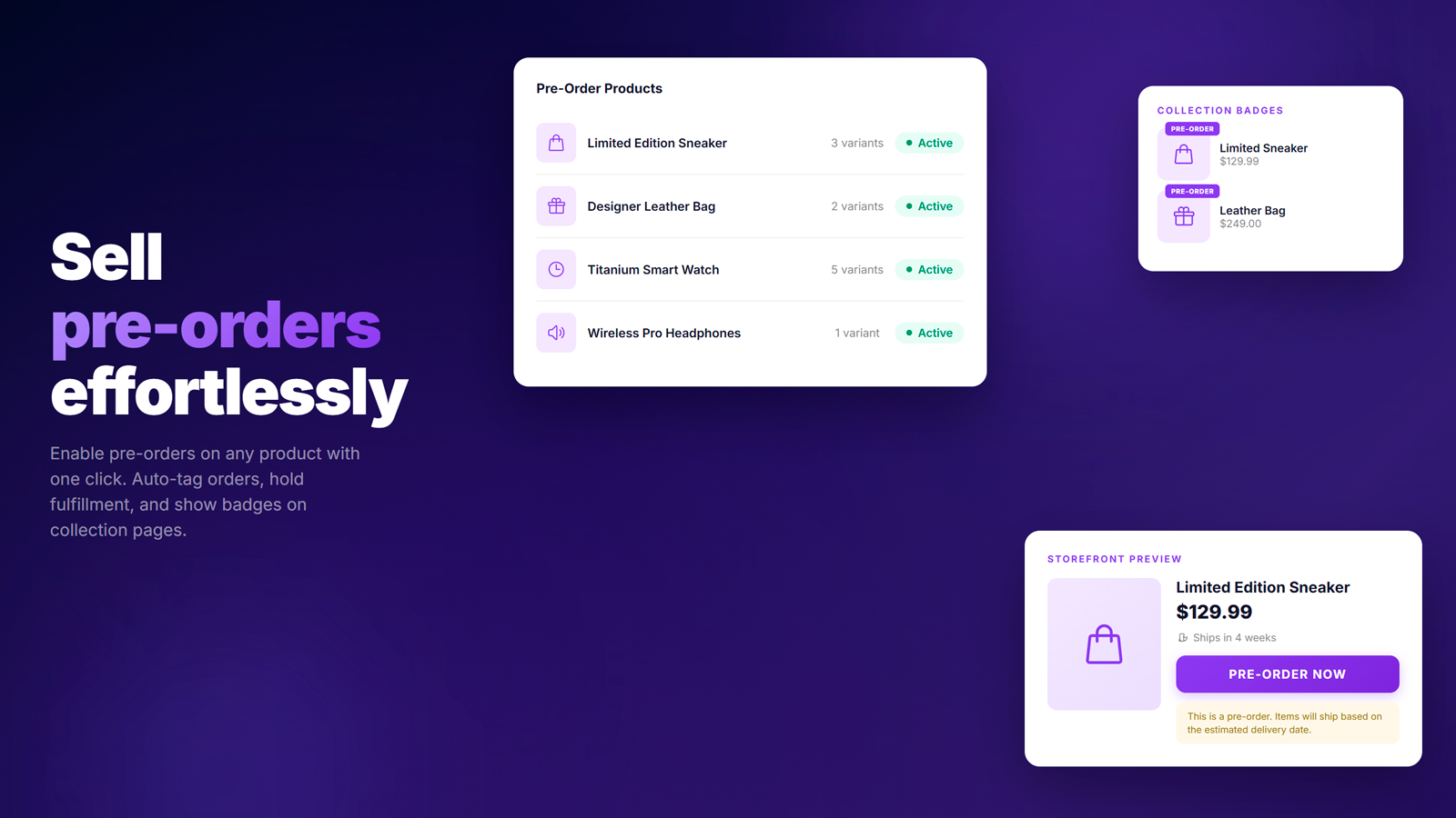 Pre-order product management with badges and storefront preview