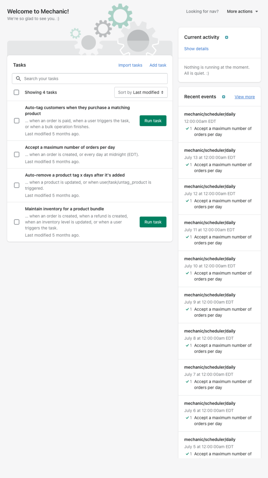 Home screen, with three tasks installed