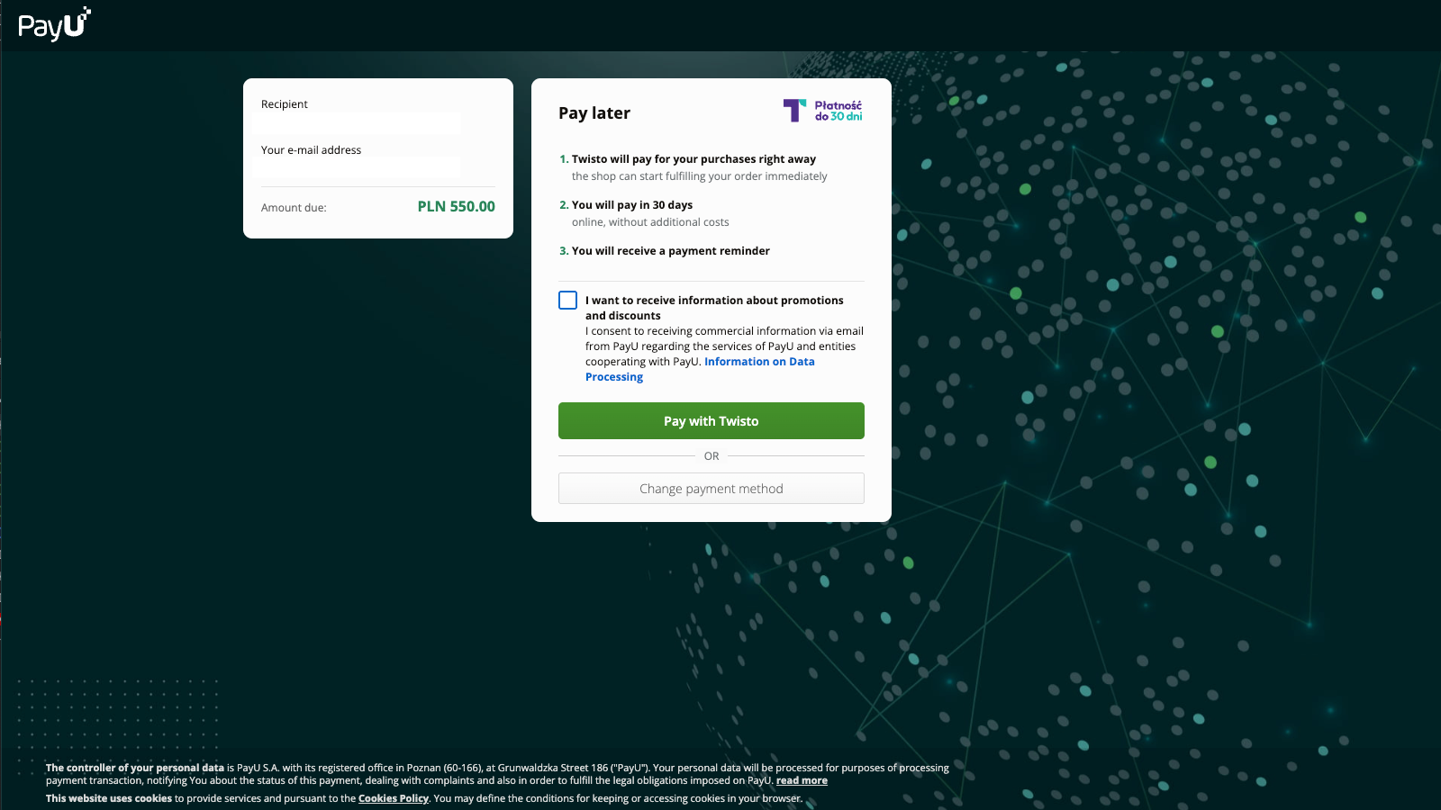 Intermediate step with payment method information