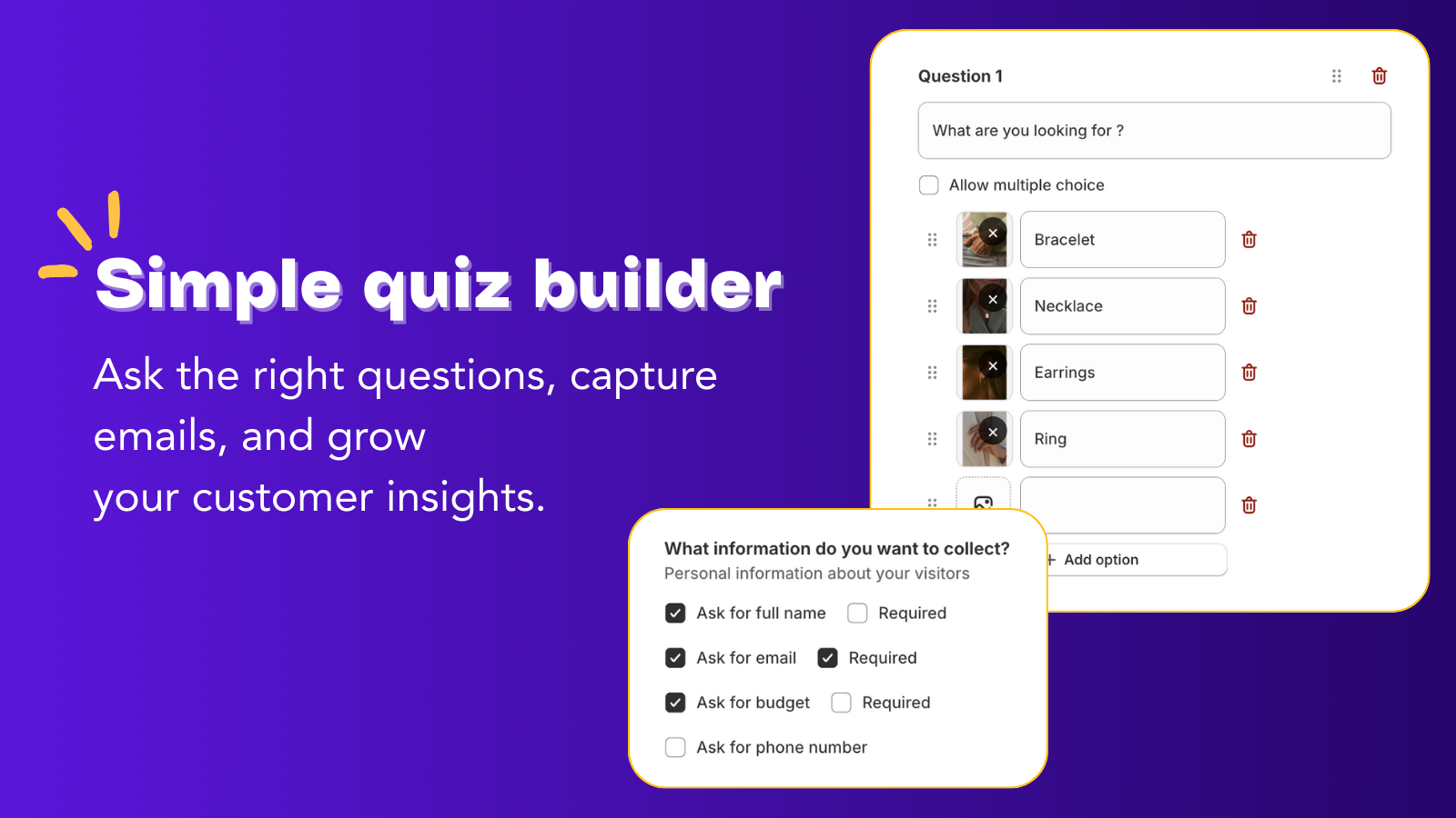 Brandye quiz builder to ask questions and collect customer data
