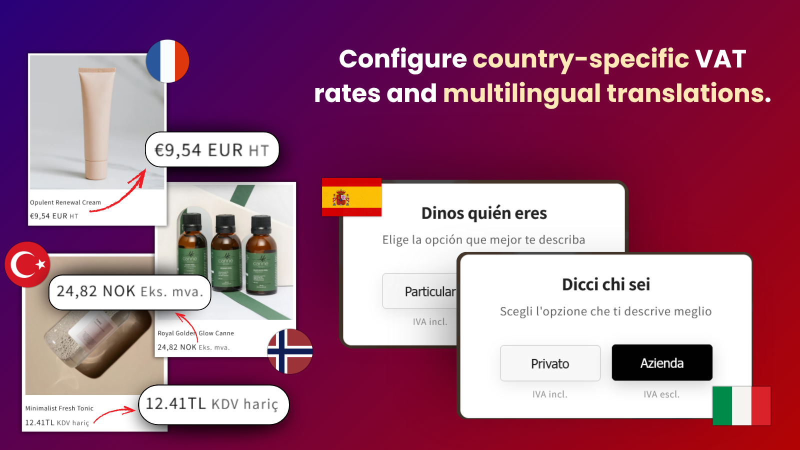 Configure country VAT rates and multilingual translations