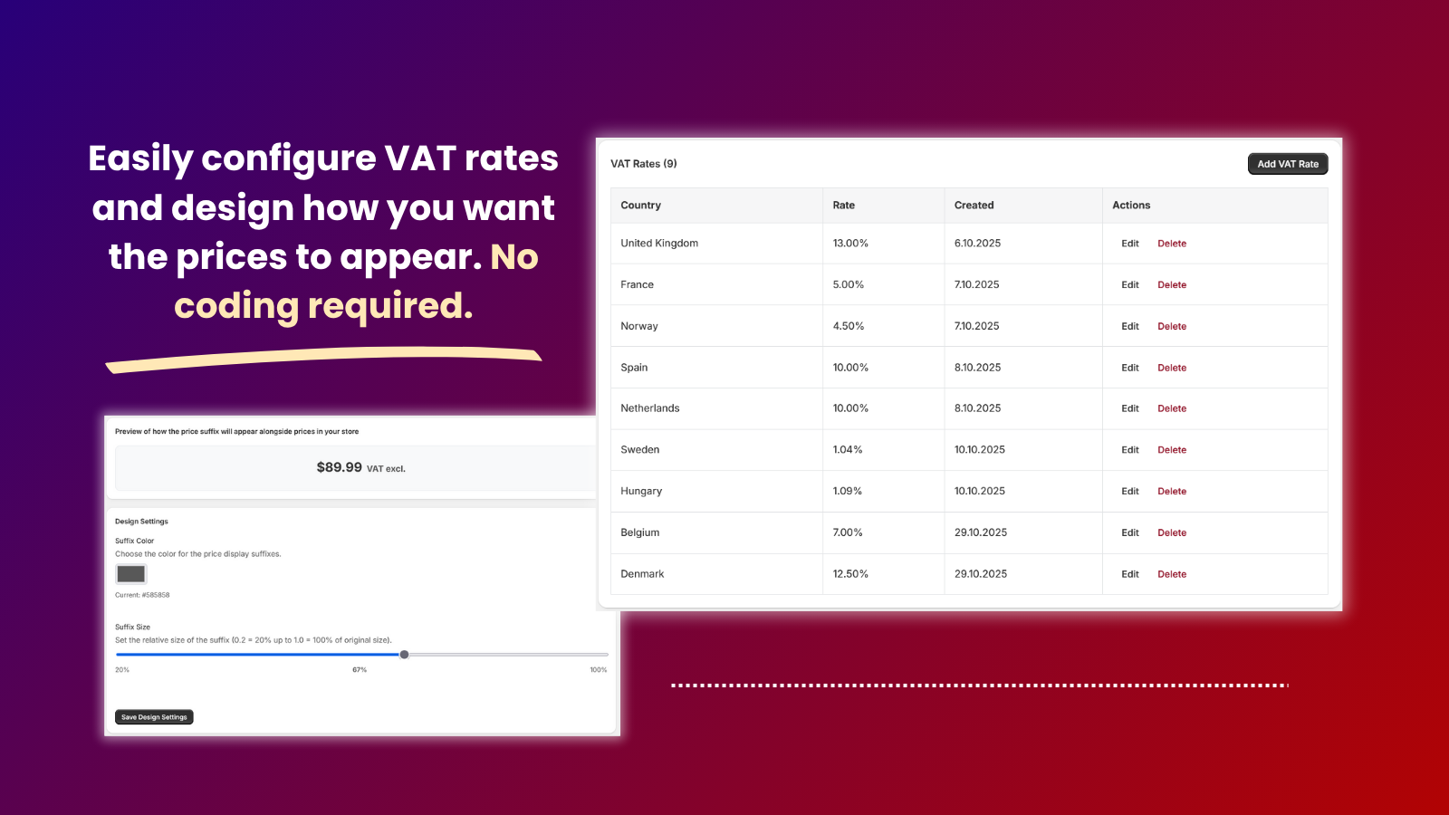 Easily configure VAT rates and price display design