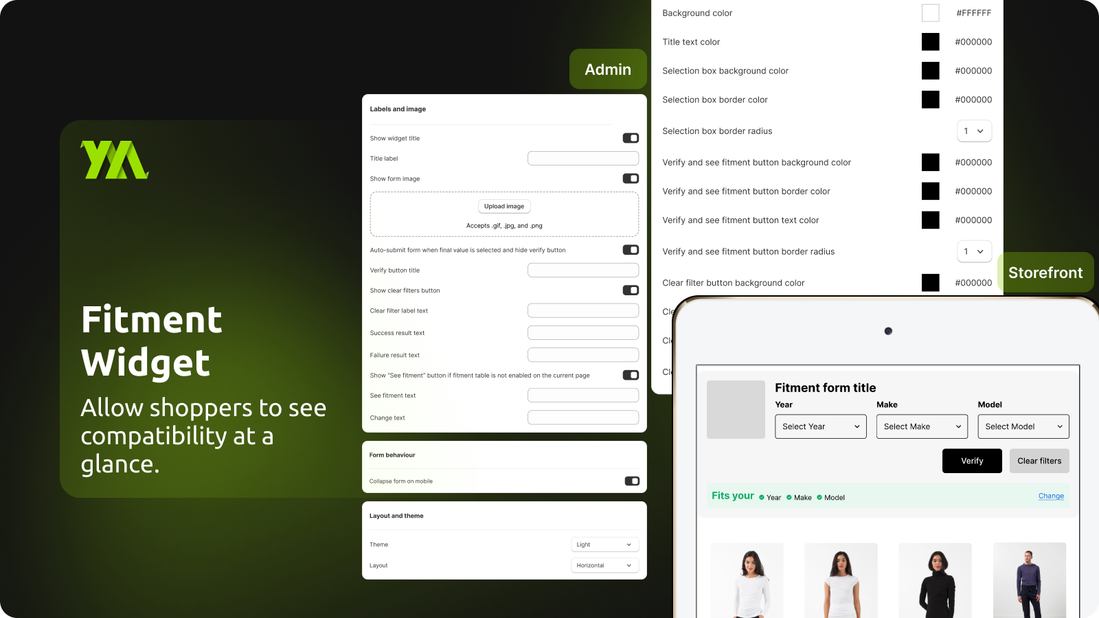 Fitment widget settings with storefront compatibility preview