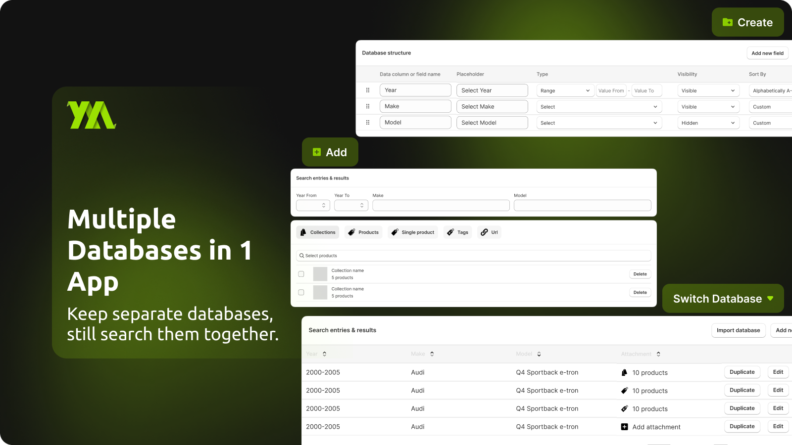 Create multiple databases and search all in one Shopify app