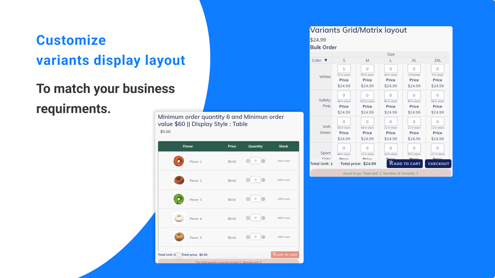 Customize bulk order form display in grid/matrix layout