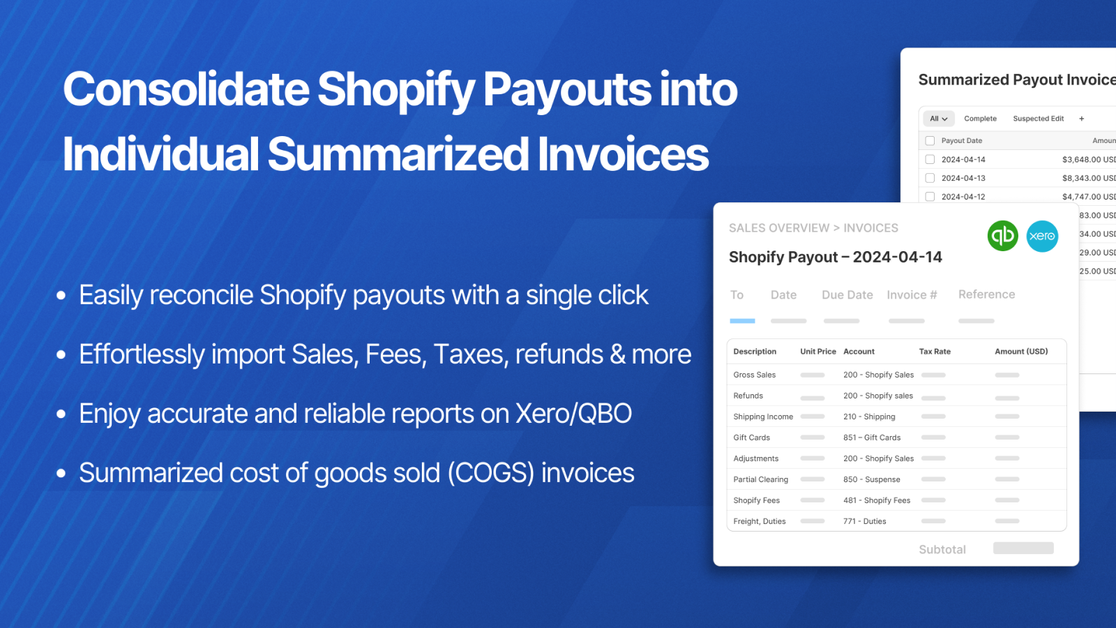 Consolidate shopify payouts into individual summarized invoices