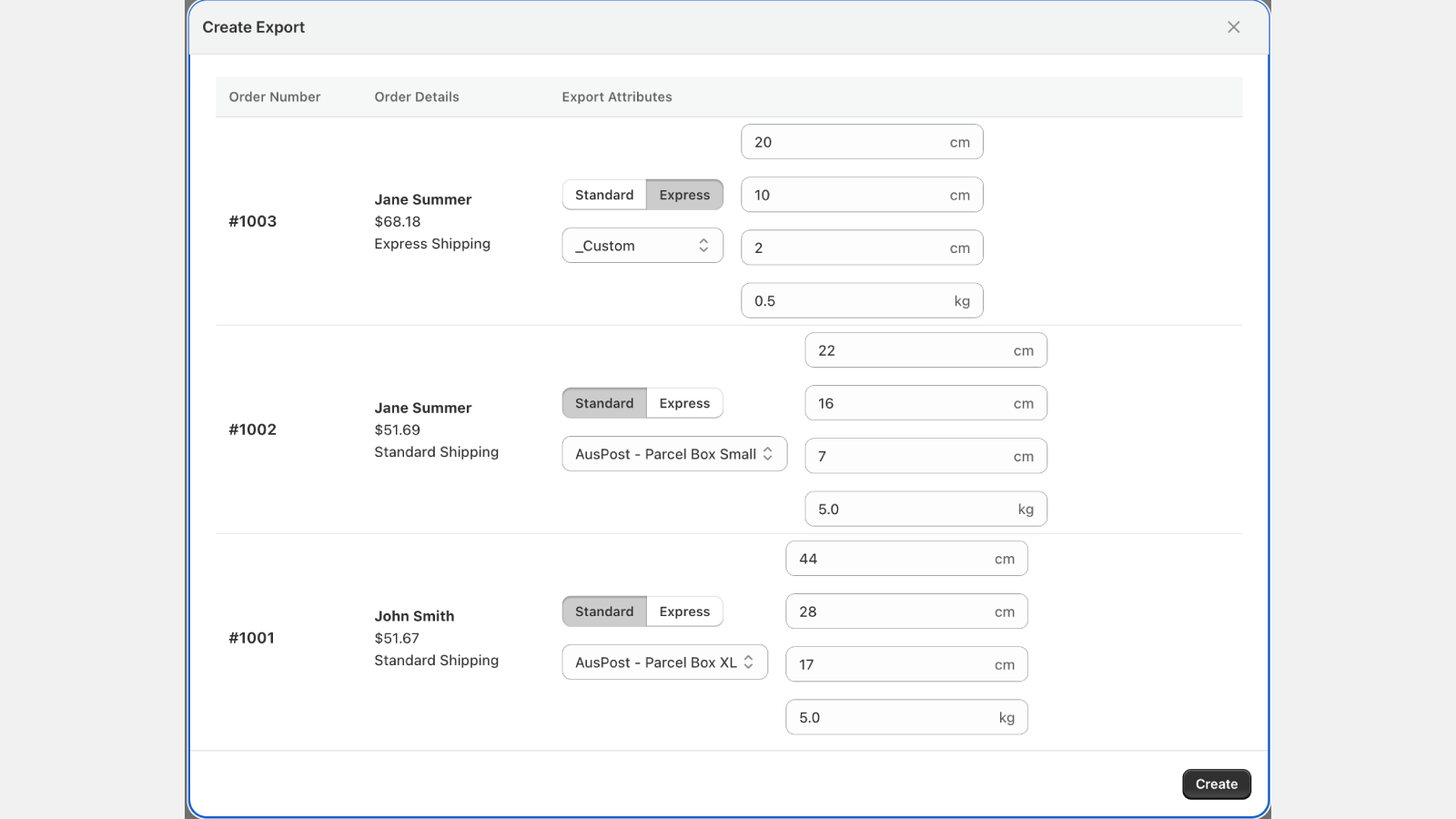 Export multiple orders and customise the parcels