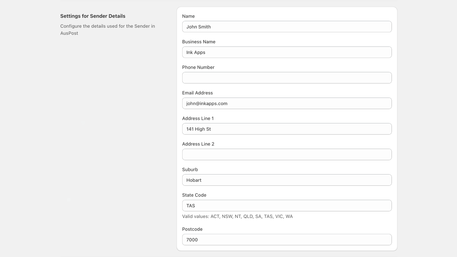 Configure sender settings to be used in Australia Post