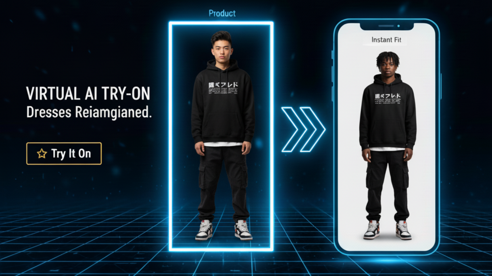 Virtual AI try-on preview showing a red evening dress on a mode