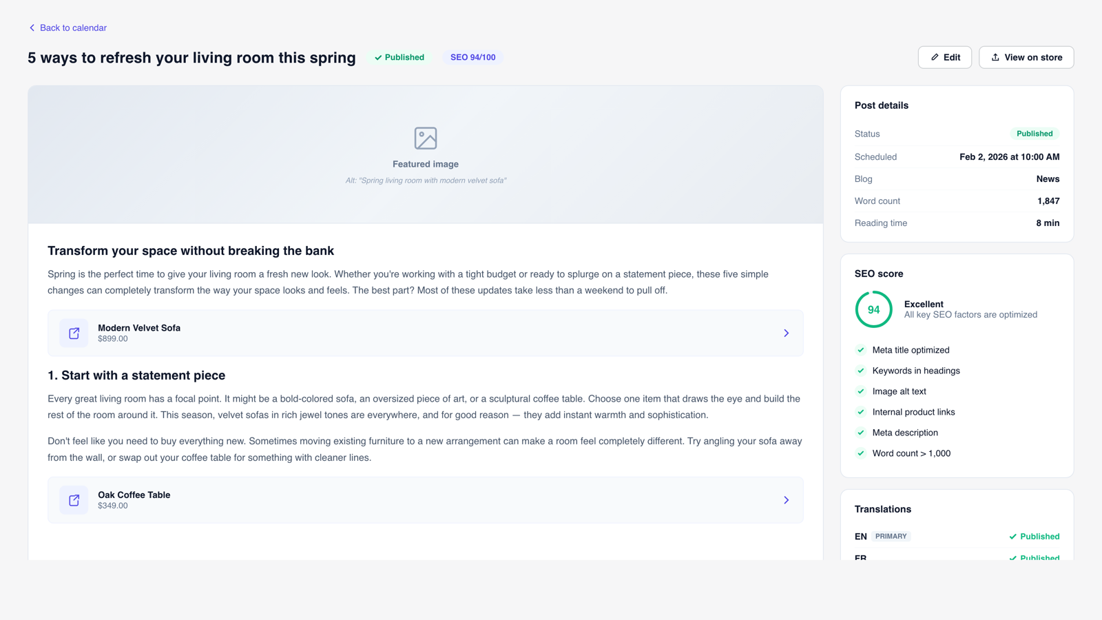 Blog post detail with SEO score and translation status