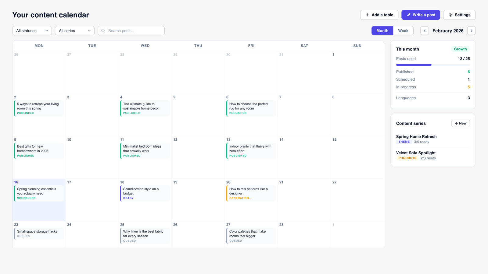 Content calendar with scheduled blog posts and monthly stats
