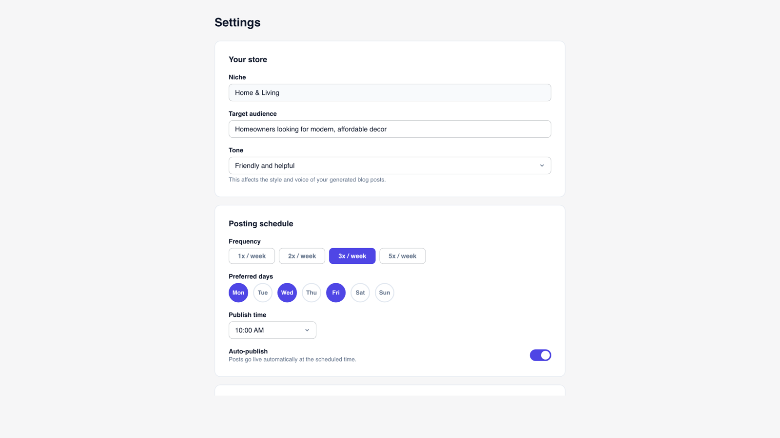 Store settings with posting schedule and tone preferences