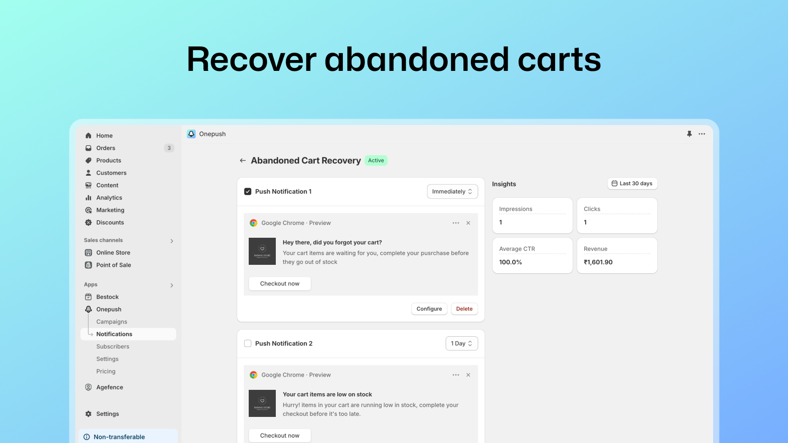 onepush abandoned cart recovery notification flow