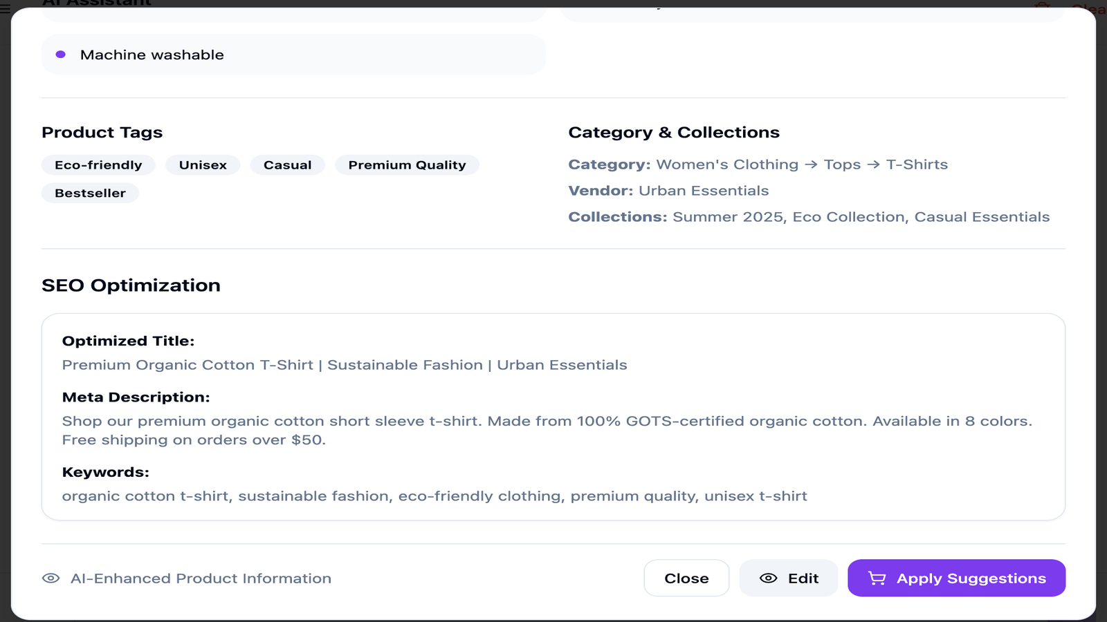 AI-generated SEO optimization suggestions panel