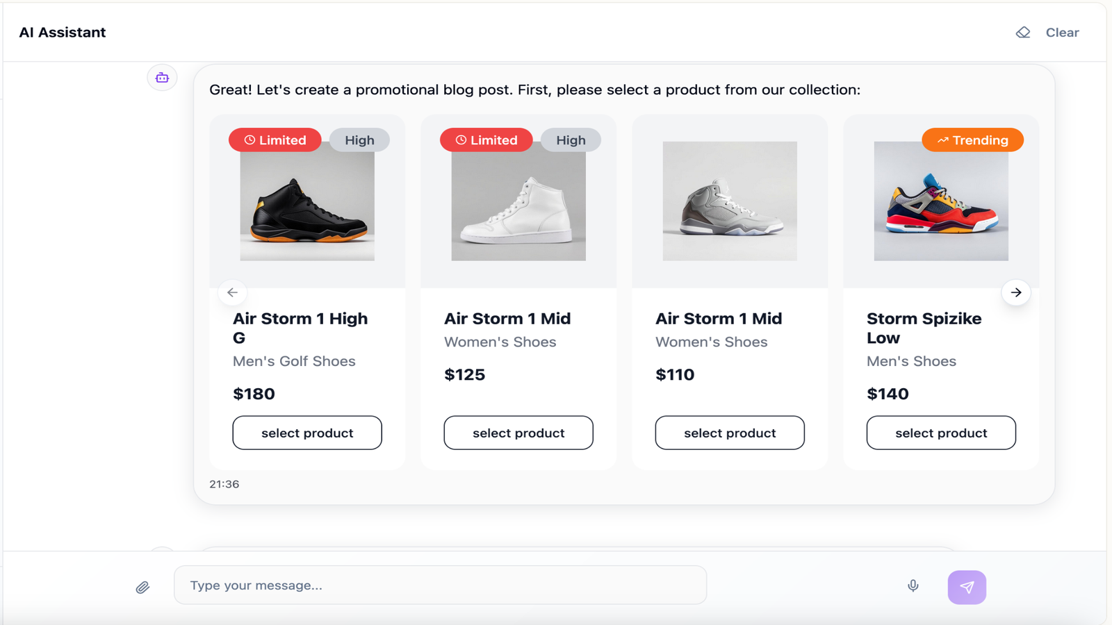 AI assistant showing product list to select for blog writing