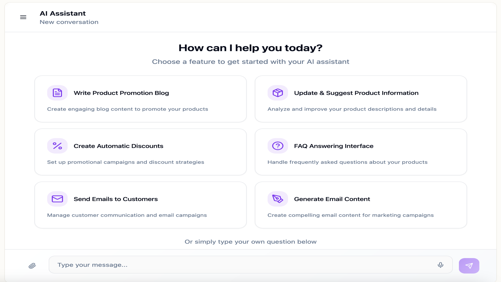 AI app dashboard with blog, discount, email, and FAQ tools