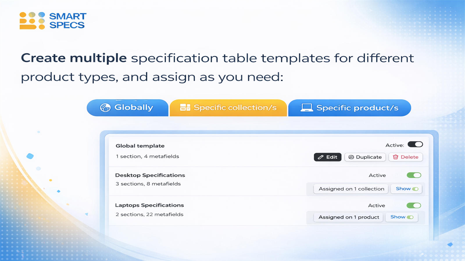 Smart specs shopify app specification table application