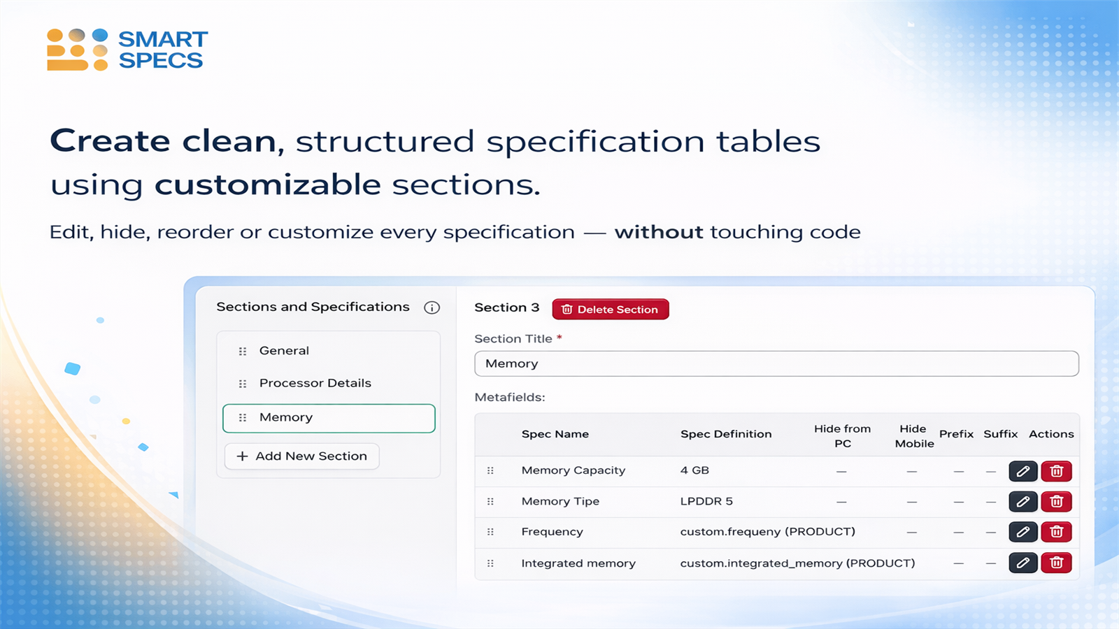 Smart specs shopify app specification table application