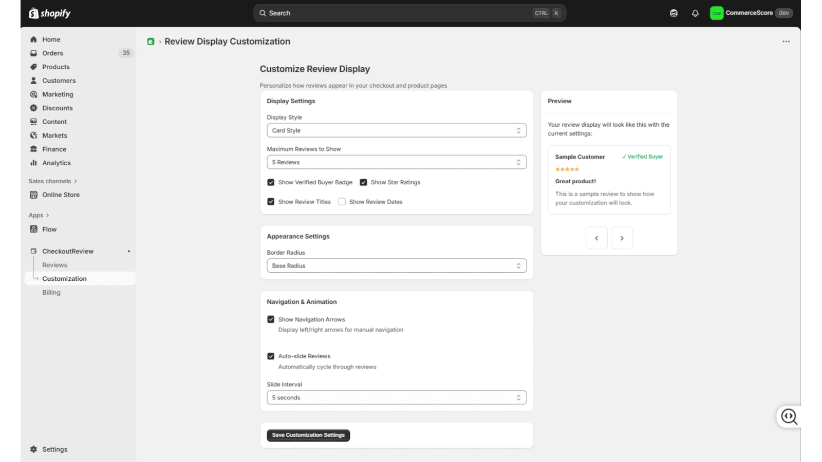 Review display customization settings with style and layout.