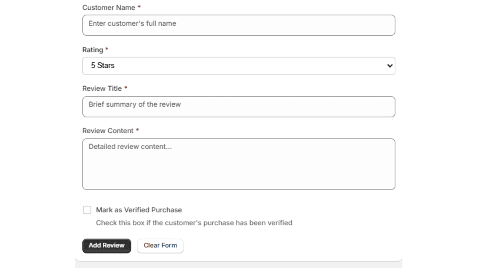 Add review form with guidelines and quick stats.