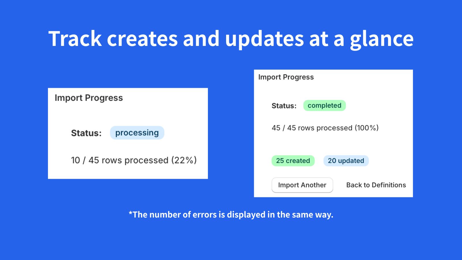 Import progress and completion screen with created and updated c