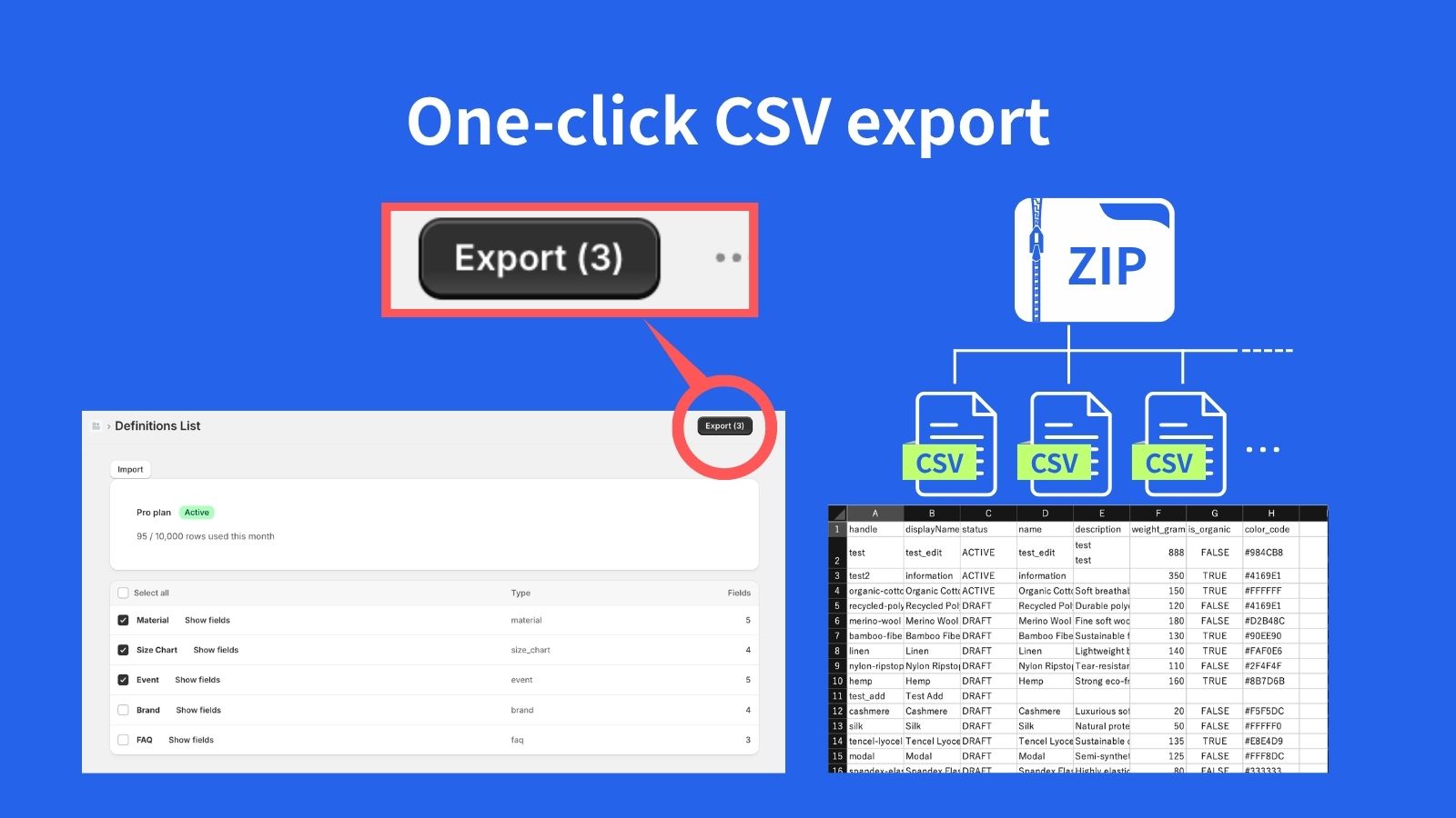 One-click CSV export with Excel spreadsheet editing preview