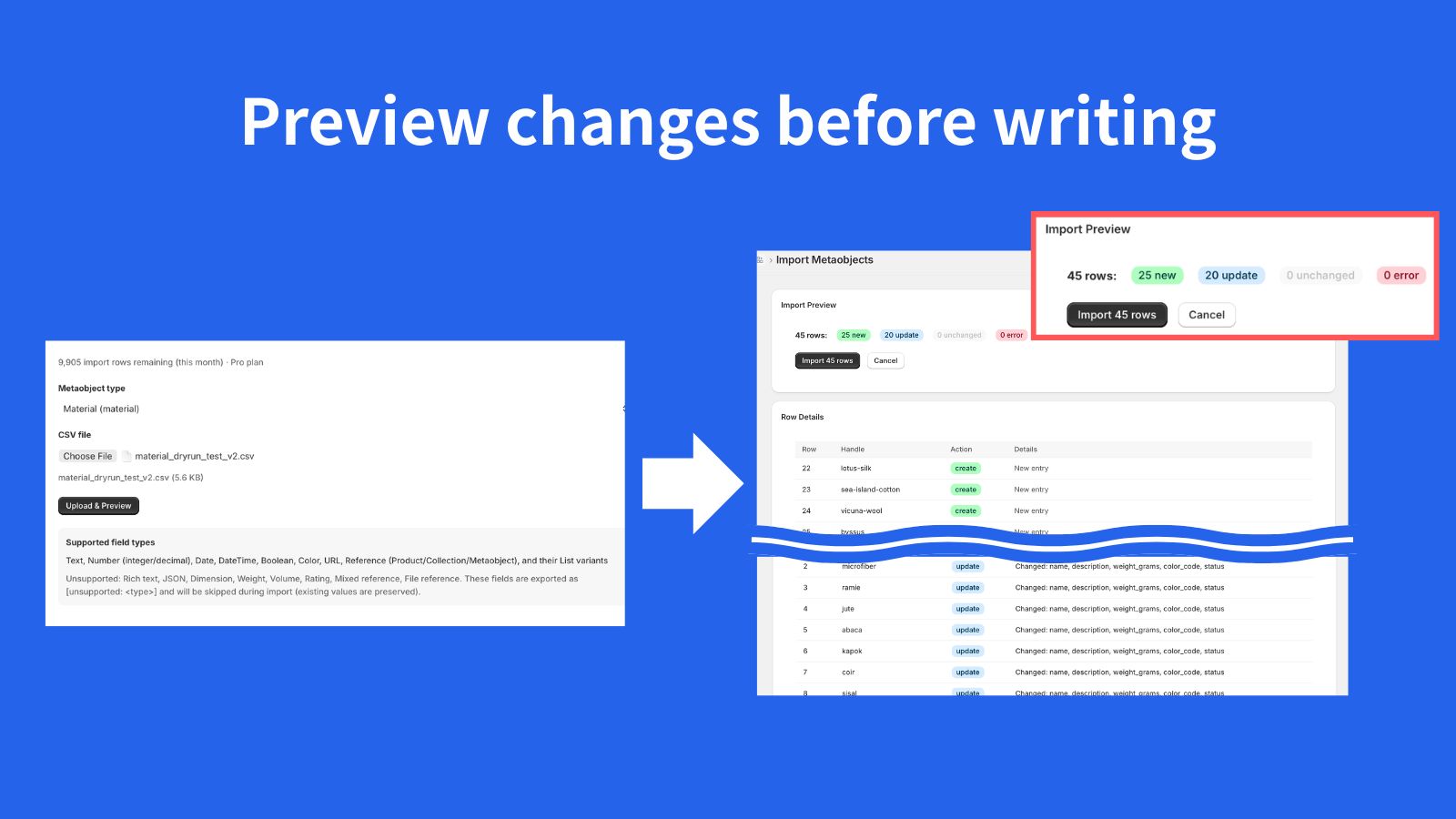 Dry-run preview showing new and update counts before import
