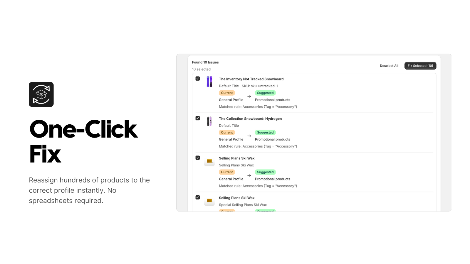 Bulk fix shipping profiles table showing mismatched products.