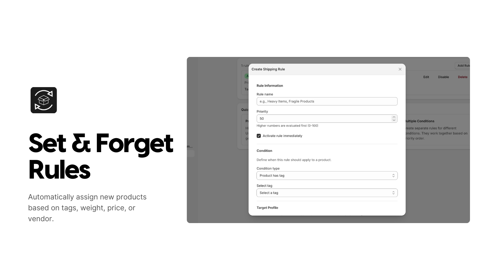 Create automation rule modal to assign profiles by product tag.