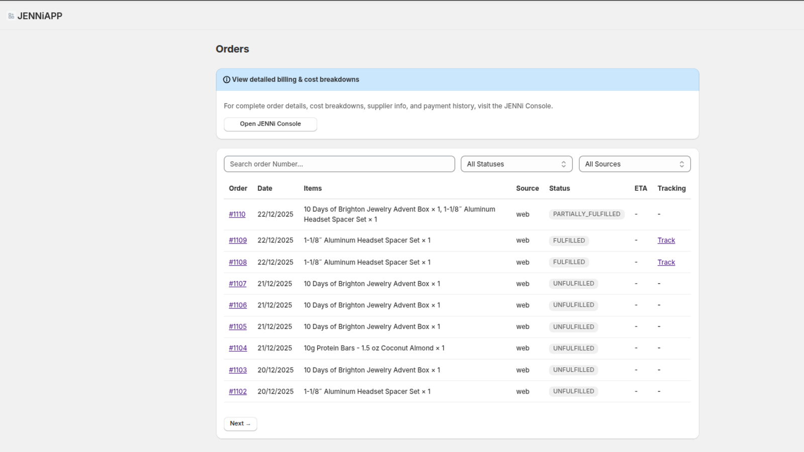 Orders table: JENNi fulfillment status, ETA, and tracking links
