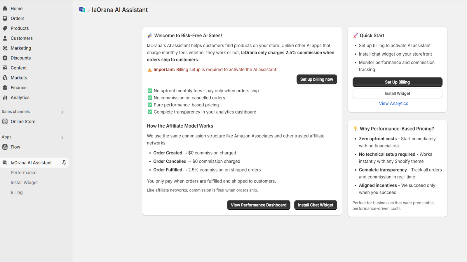 App setup page with billing and installation