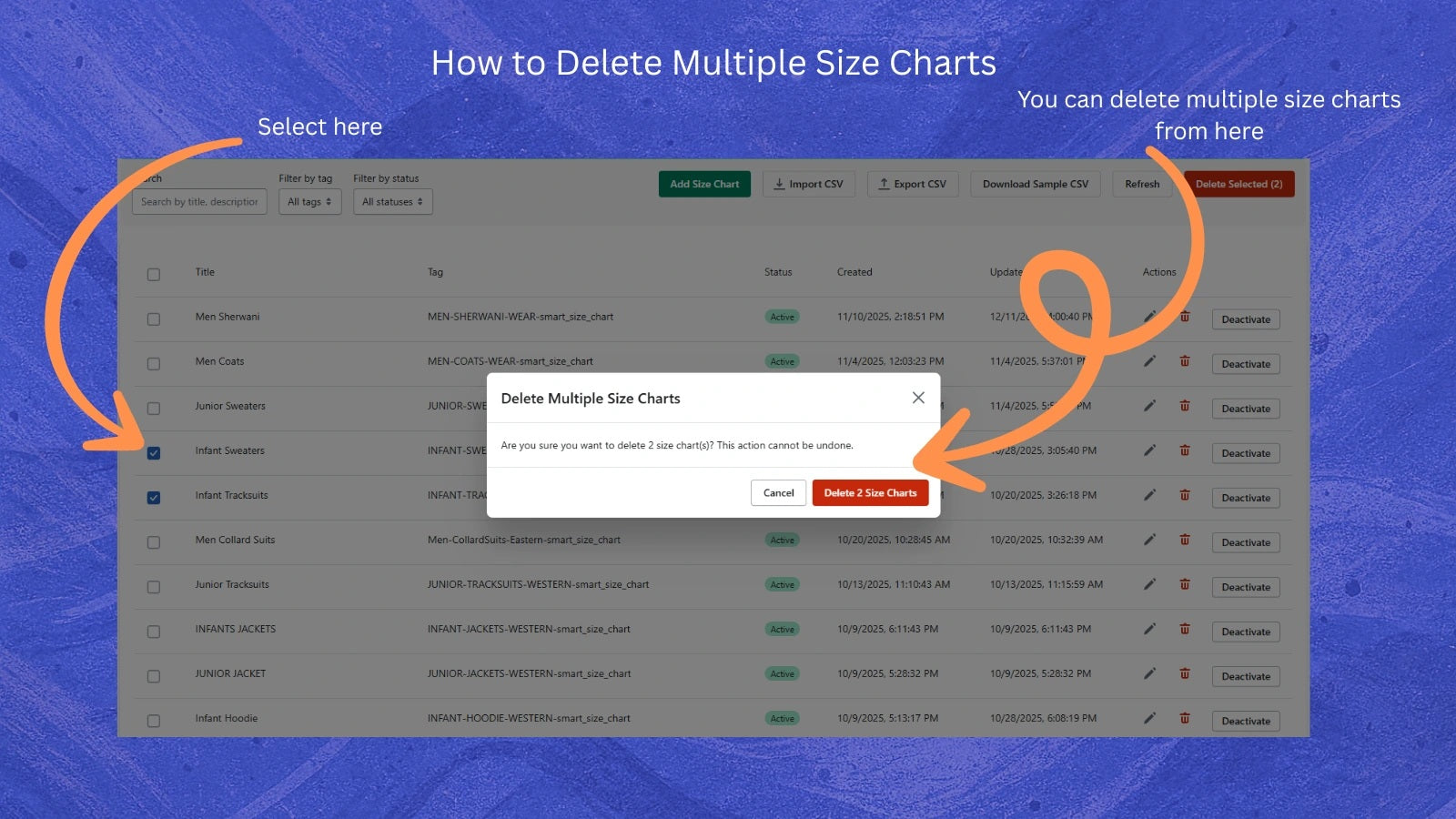 bulk delete size charts