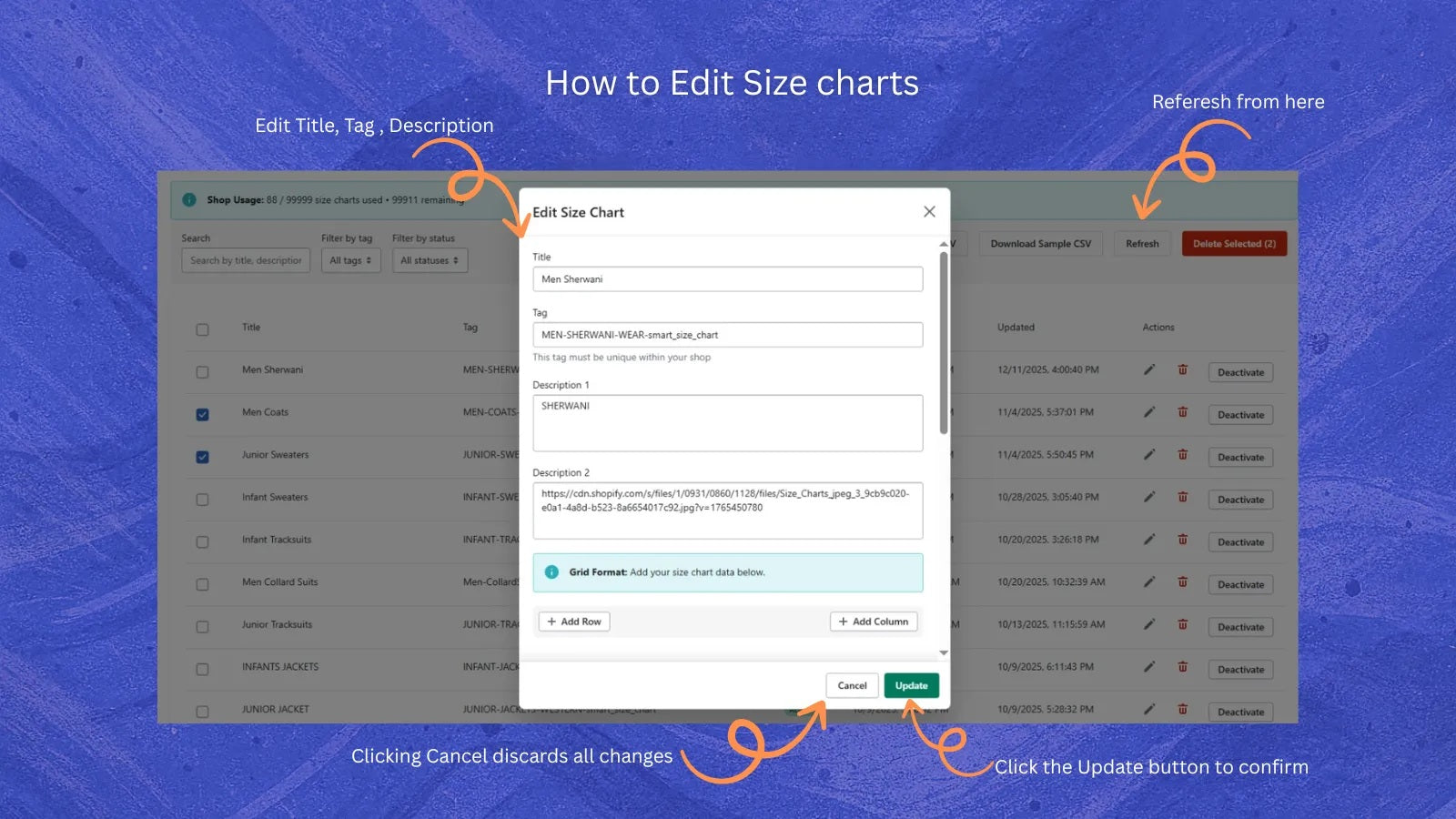 edit size charts