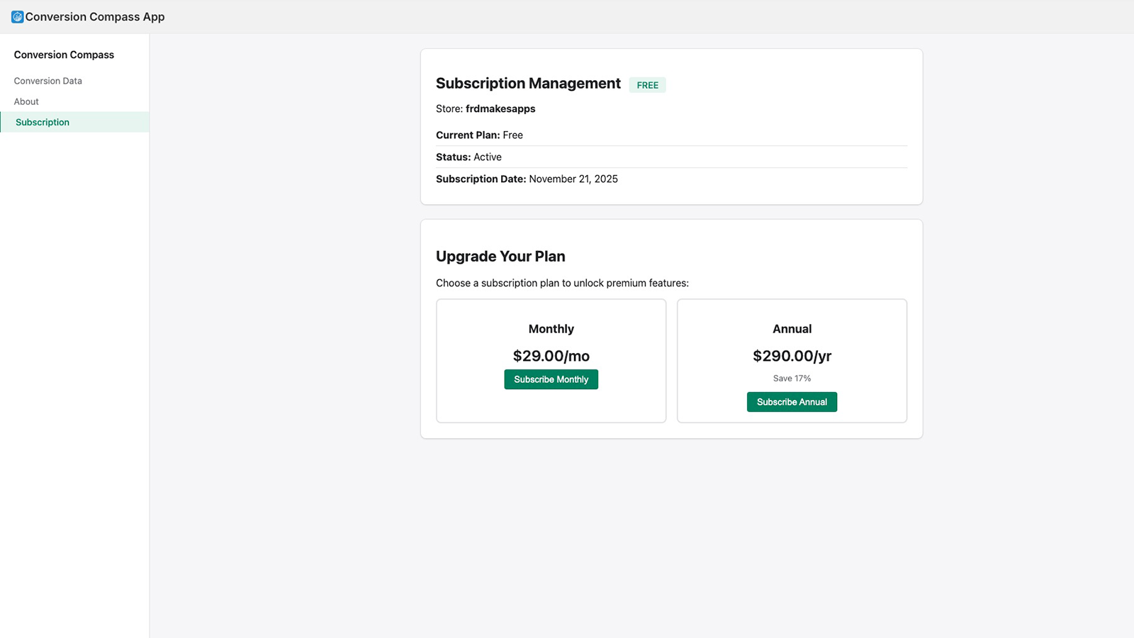 Subscription management screen