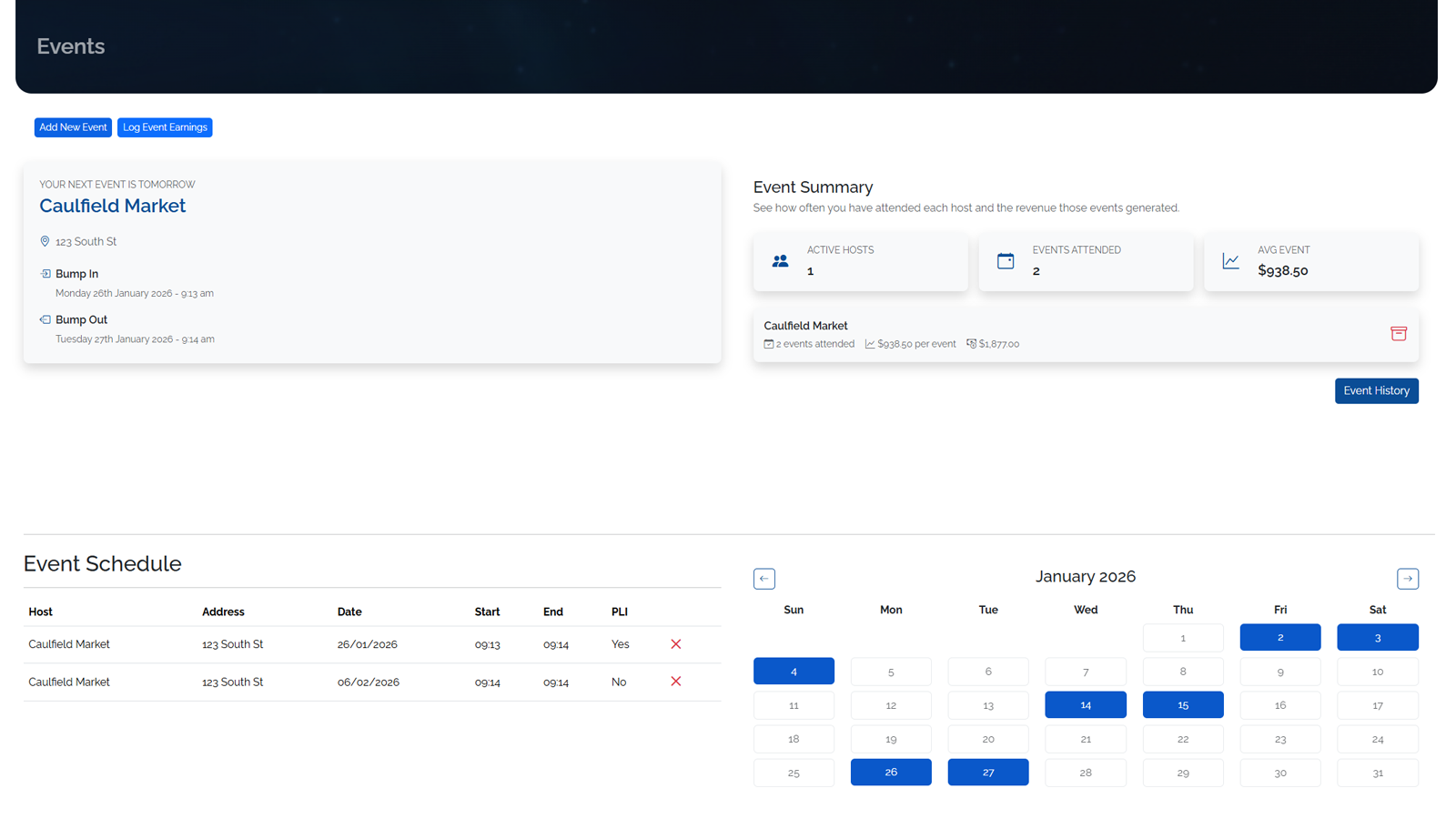 Easily manage all your events, markets, and their income