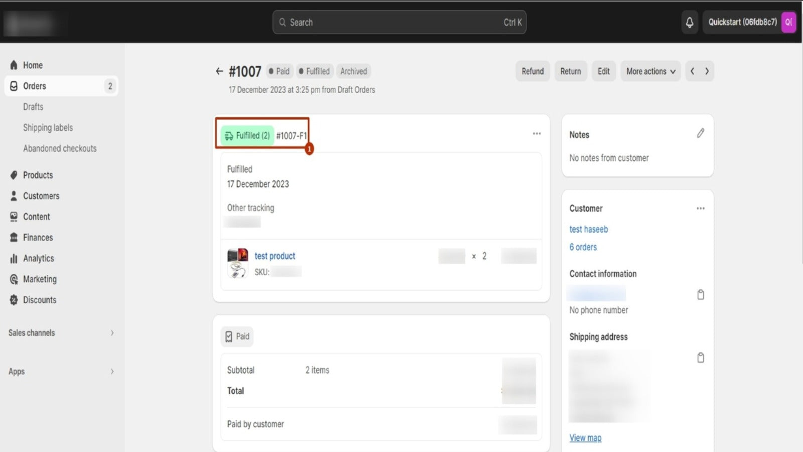 TR Fulfillment orders page