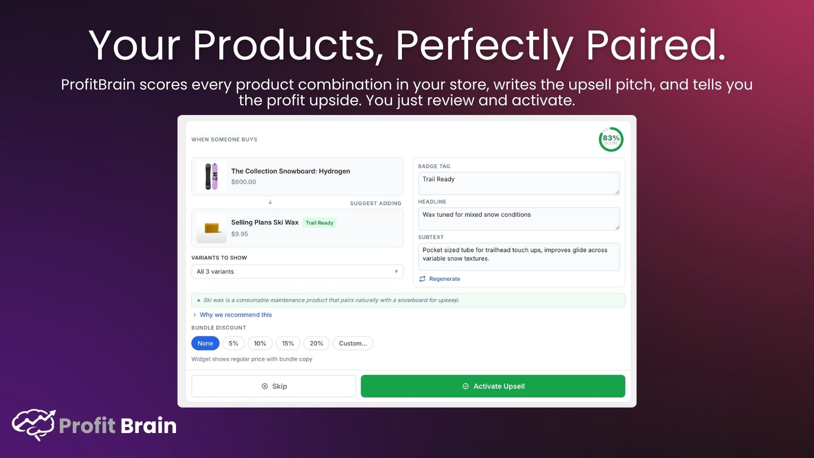 ProfitBrain admin pairing review card with profit score
