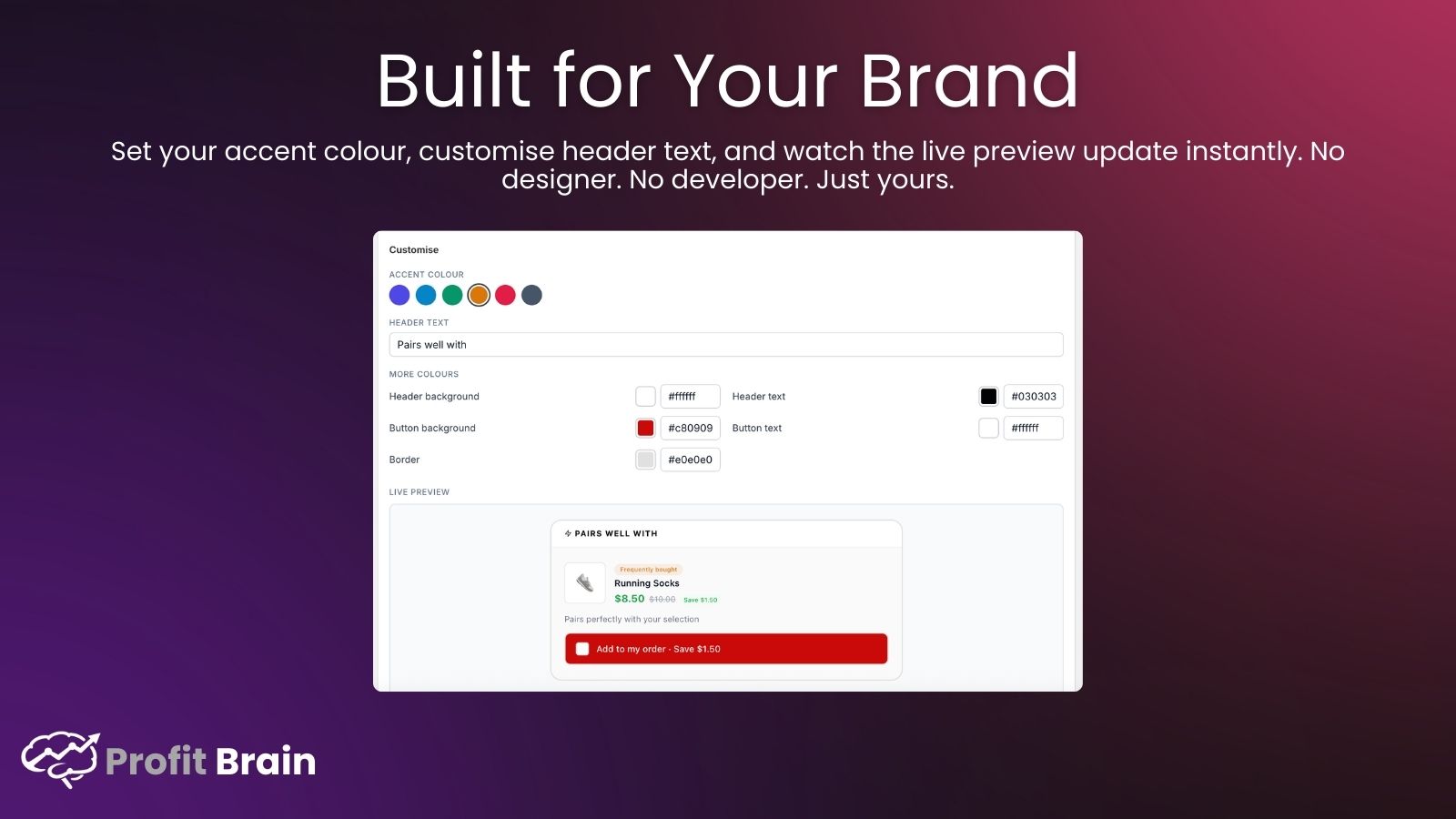 ProfitBrain brand customisation panel with live preview