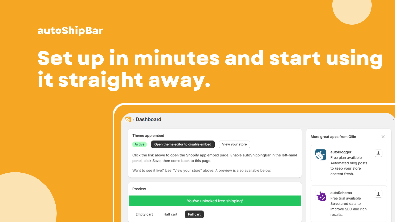 Shopify app dashboard for free shipping bar setup