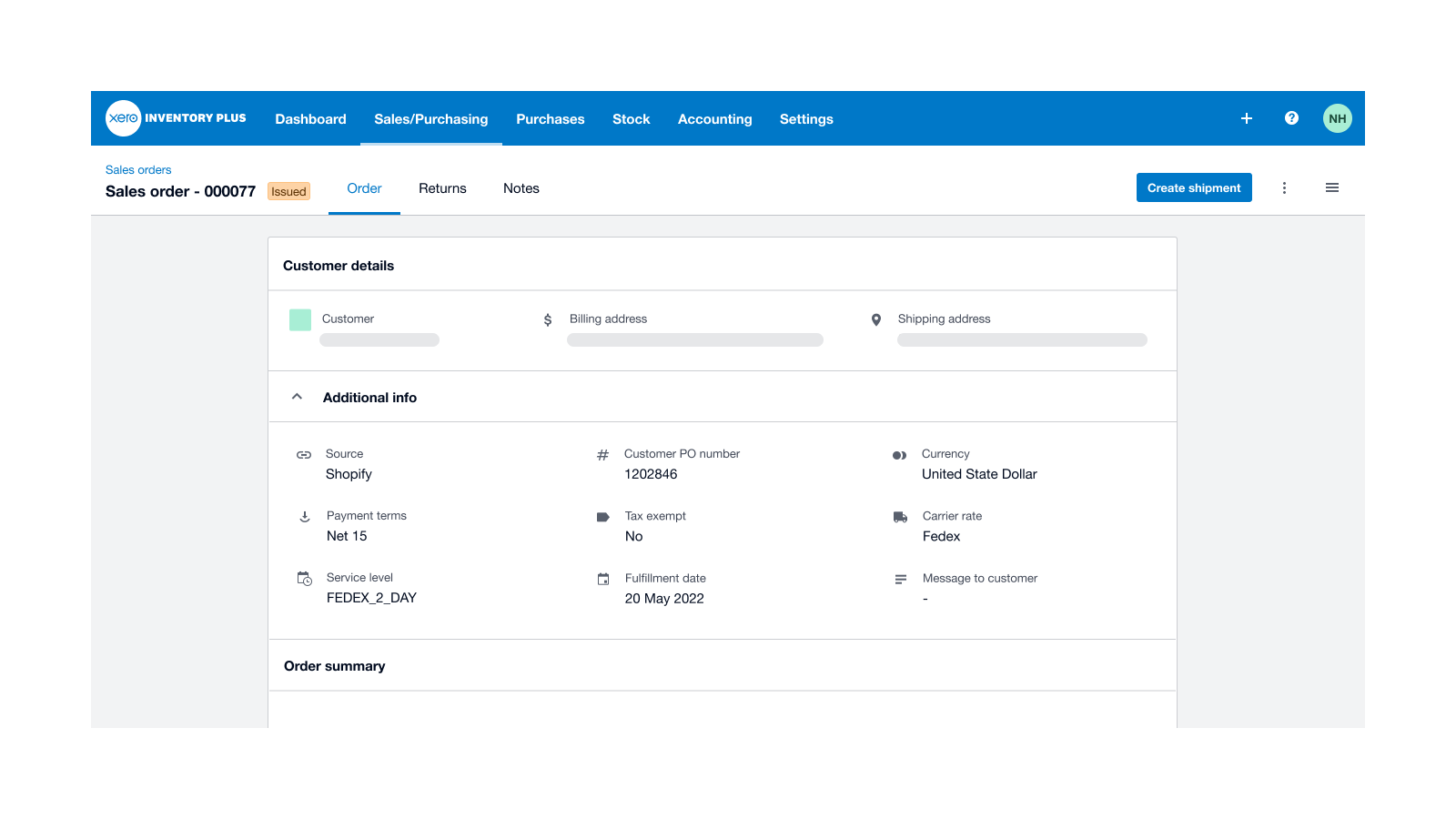 Sales order in Xero Inventory Plus