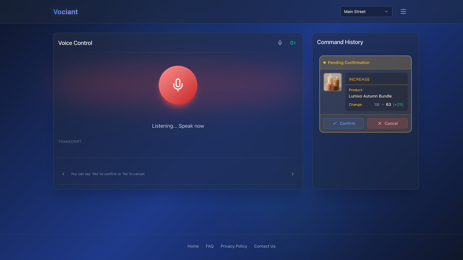 Step by step voice command process with optional confirmation
