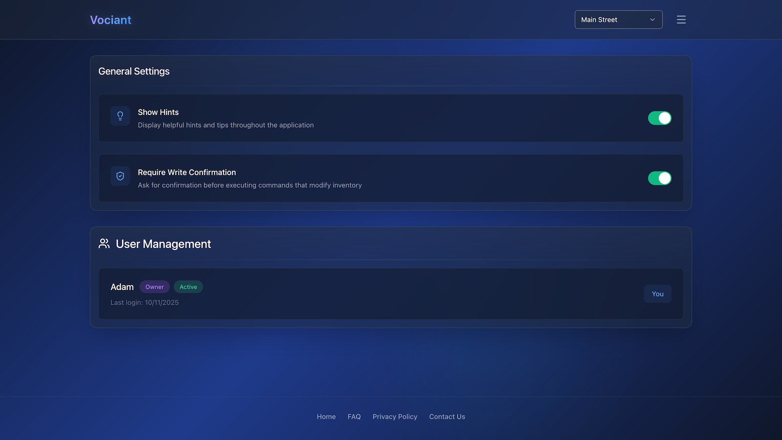 Customisable settings and user management